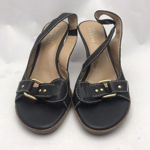 Franco Sarto 8M 8 Medium Black Leather Gold Buckle Slides Sassy High Heels